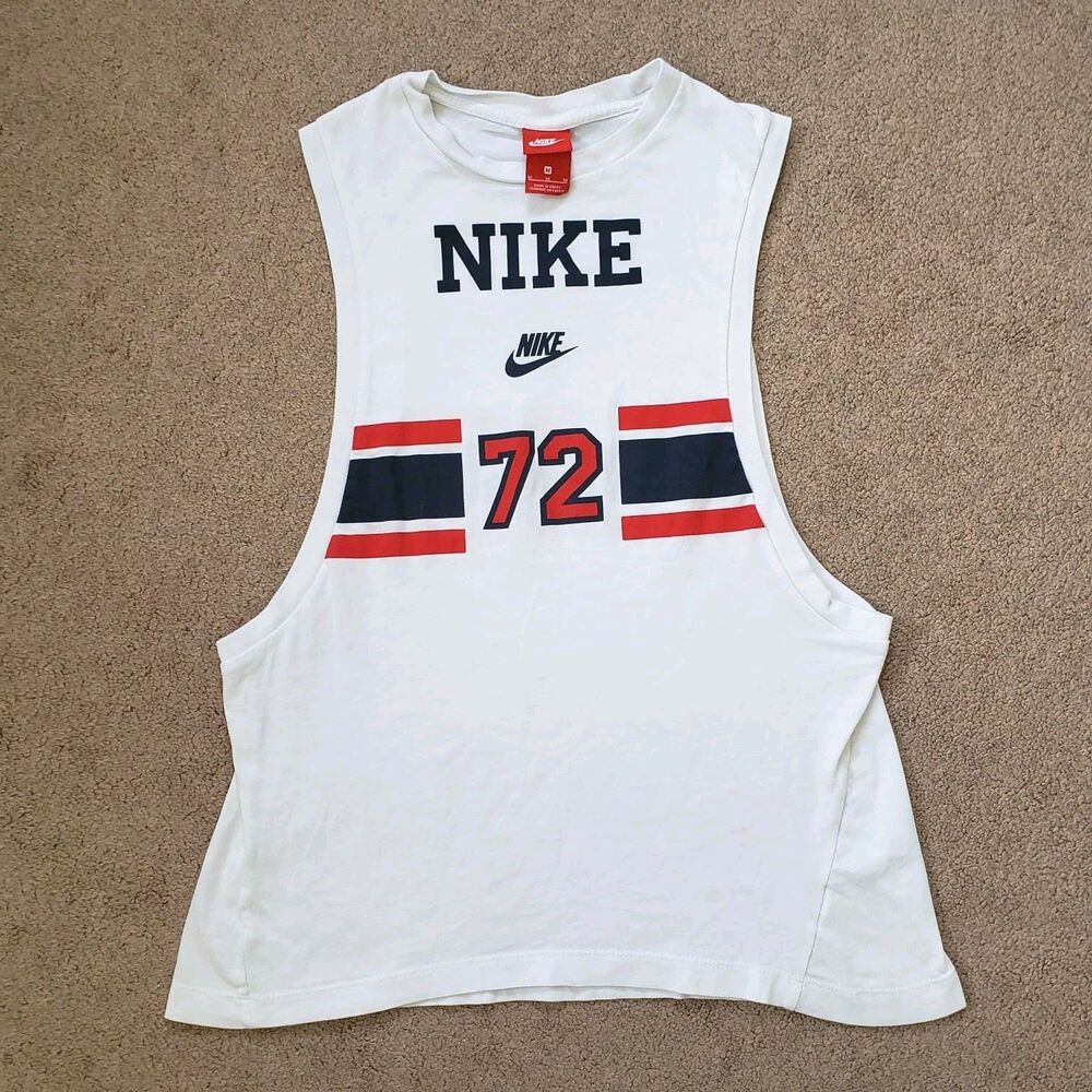 Nike 72 Women's Activewear Crew-Neck Tank Top White Blue Red Cotton Size M